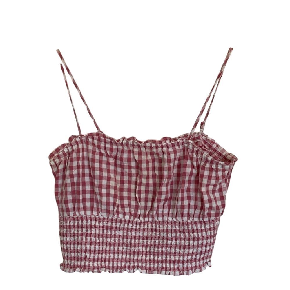 American Eagle Womens Smocked Crop Top Size L‎ Pink White Gingham
